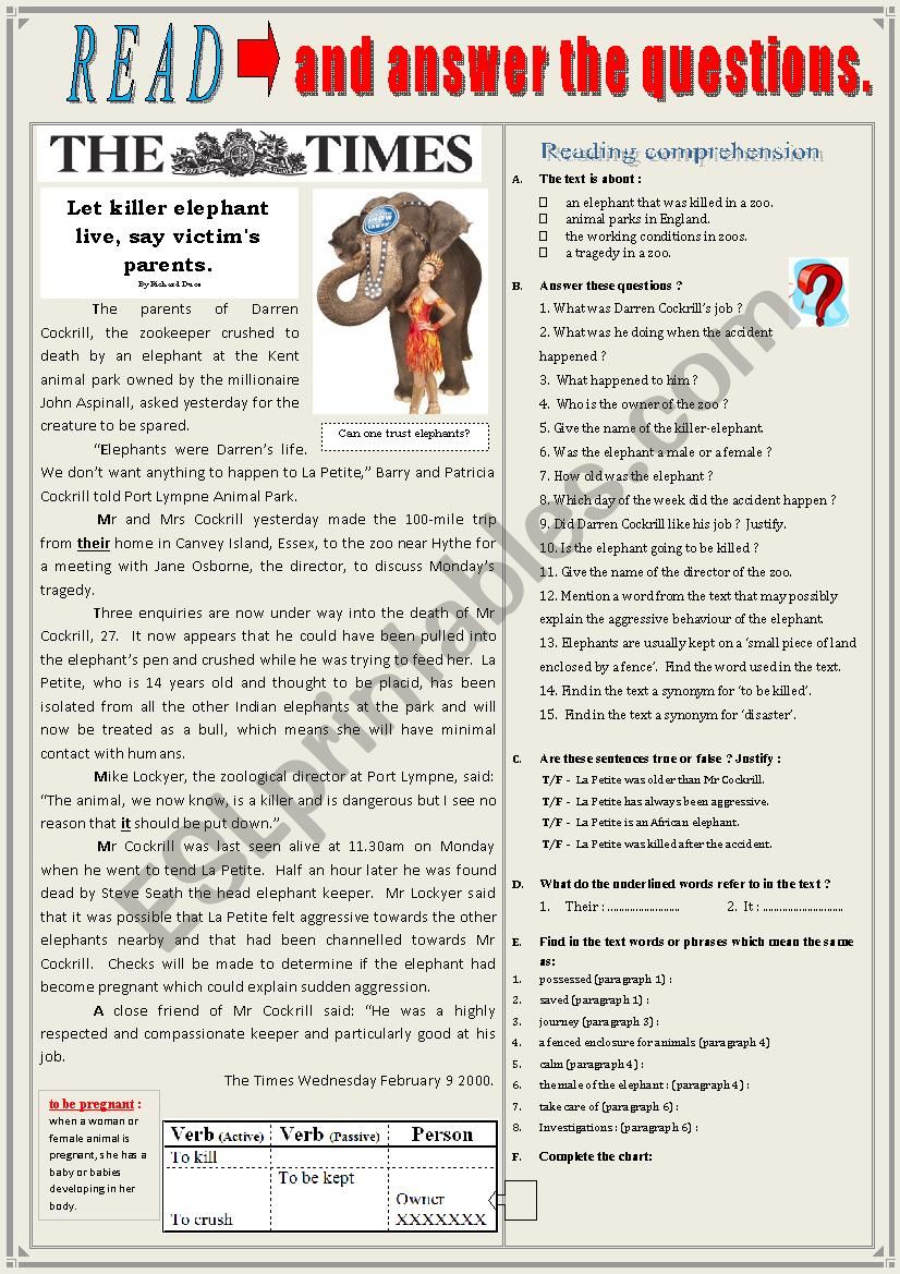 Let Killer elephant live ! Reading Comprehension + Questions + KEY.