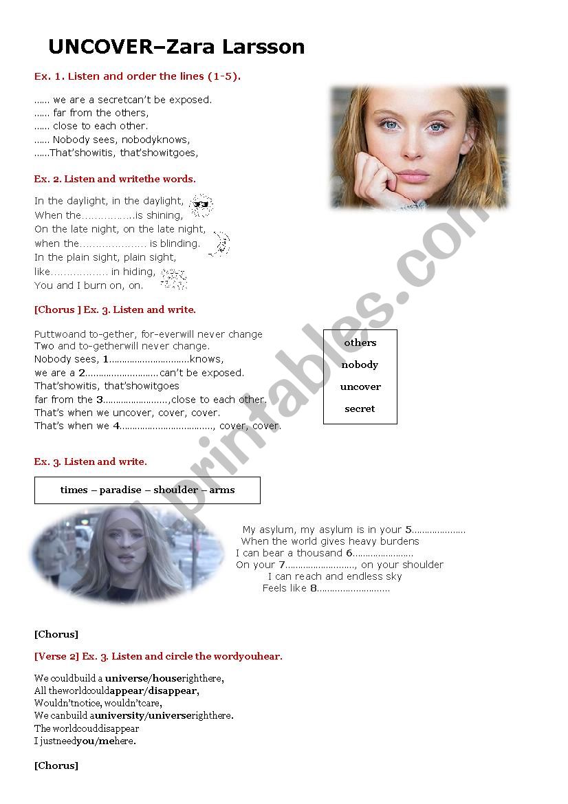 Uncover by Zara Larsson worksheet