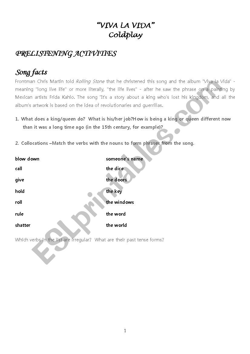 VIVA LA VIDA - COLDPLAY worksheet