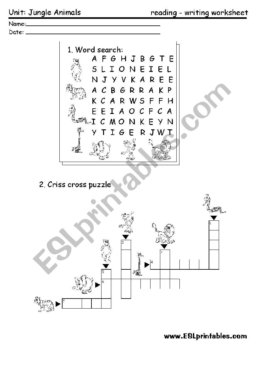 Jungle animals: reading-writing worksheet 2