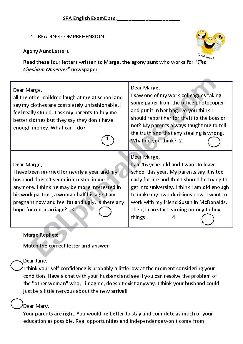 Family problems exam worksheet