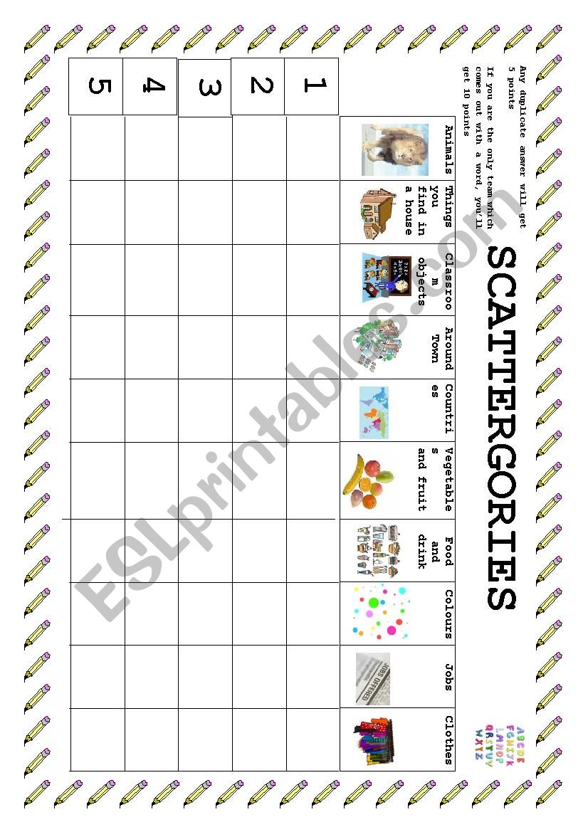 scattergories worksheet