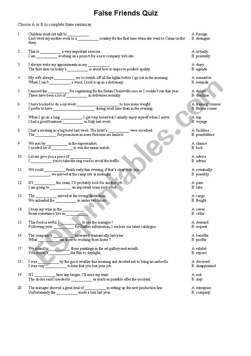 False friends quiz worksheet