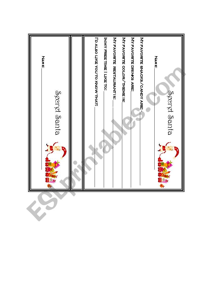 Secret Santa Questionaire worksheet