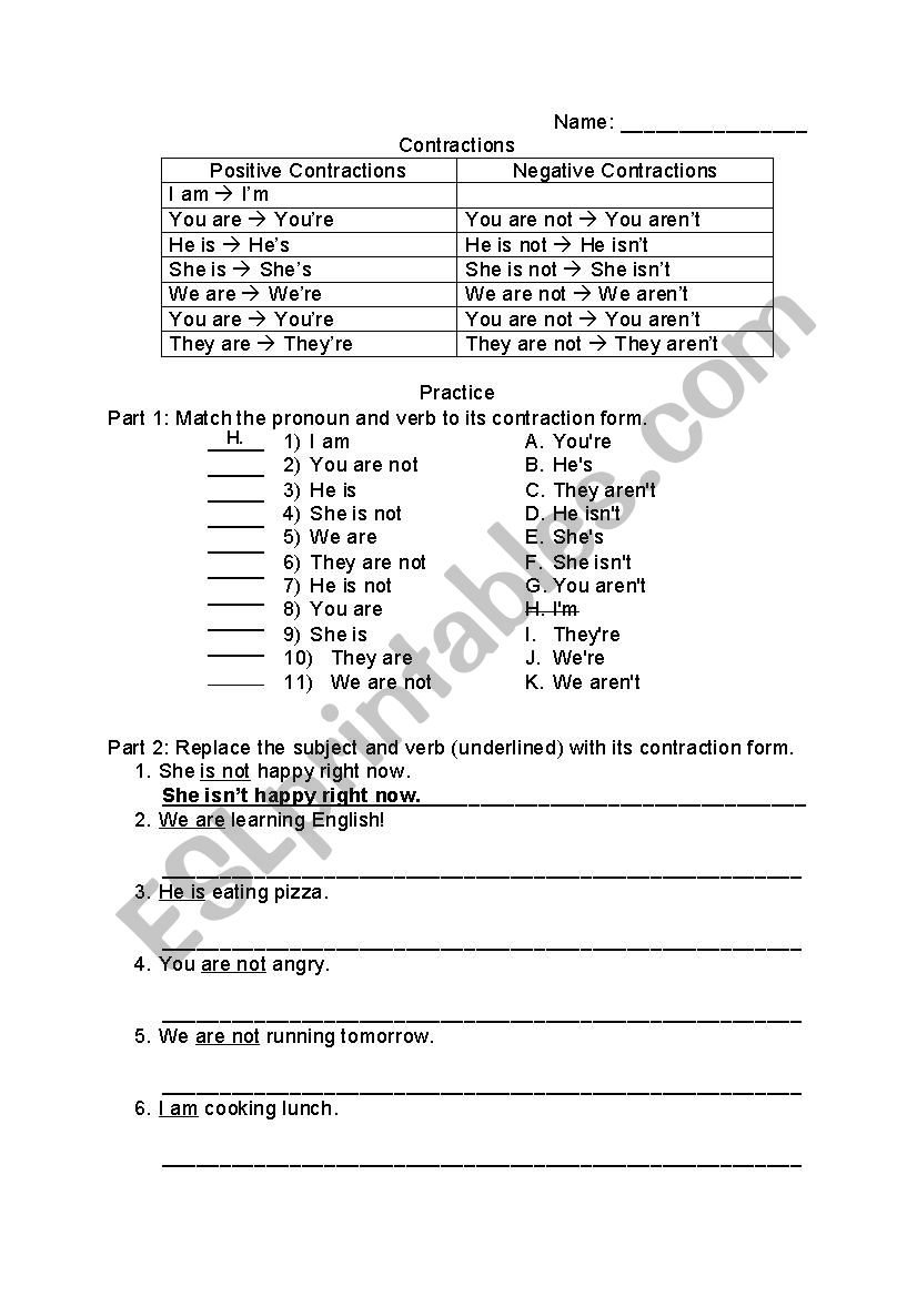 Contractions Practice worksheet