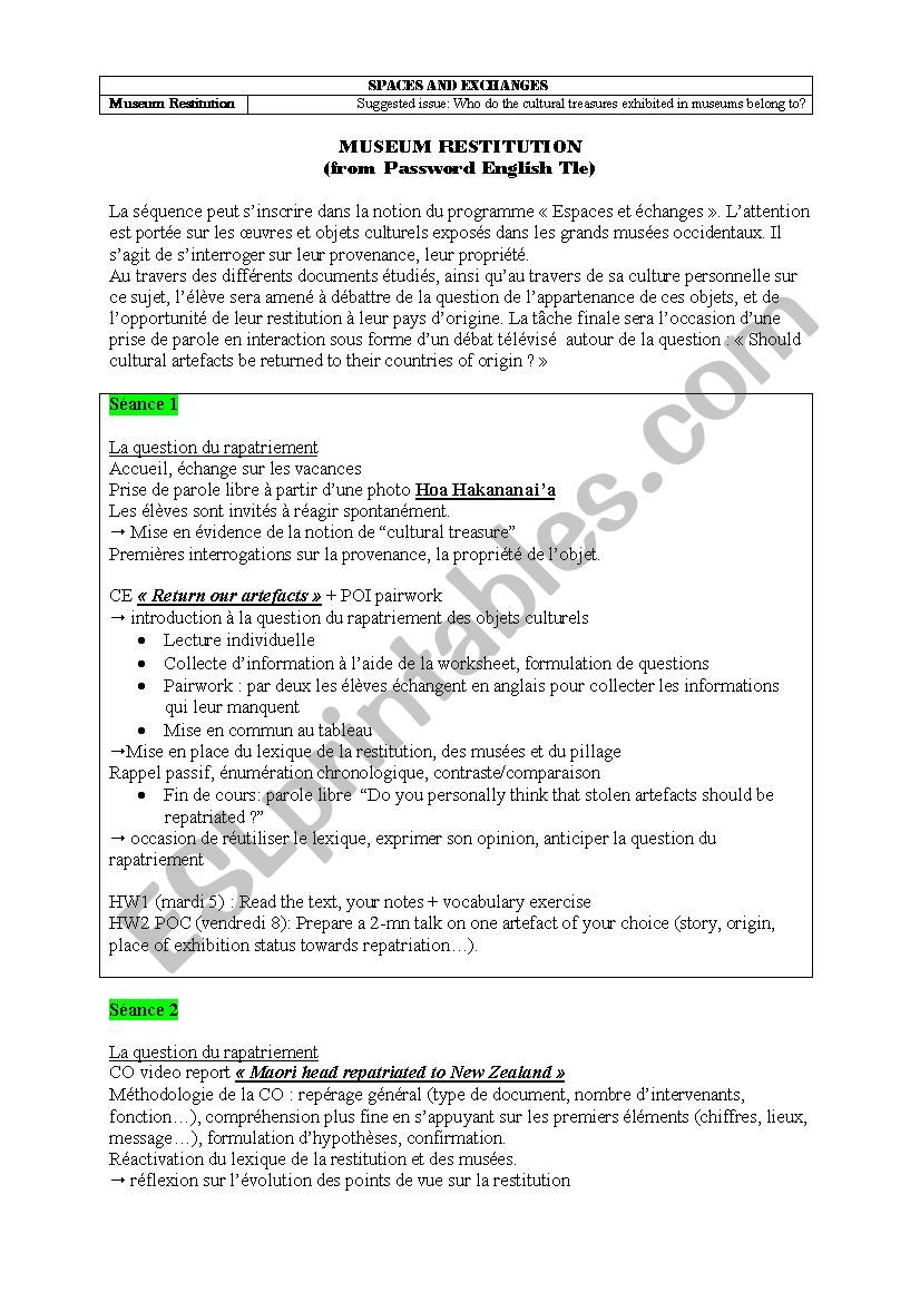 MUSEUM RESTITUTION worksheet