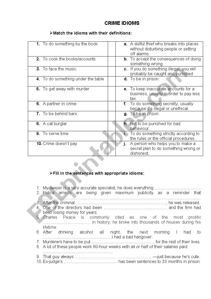 Crime idioms worksheet