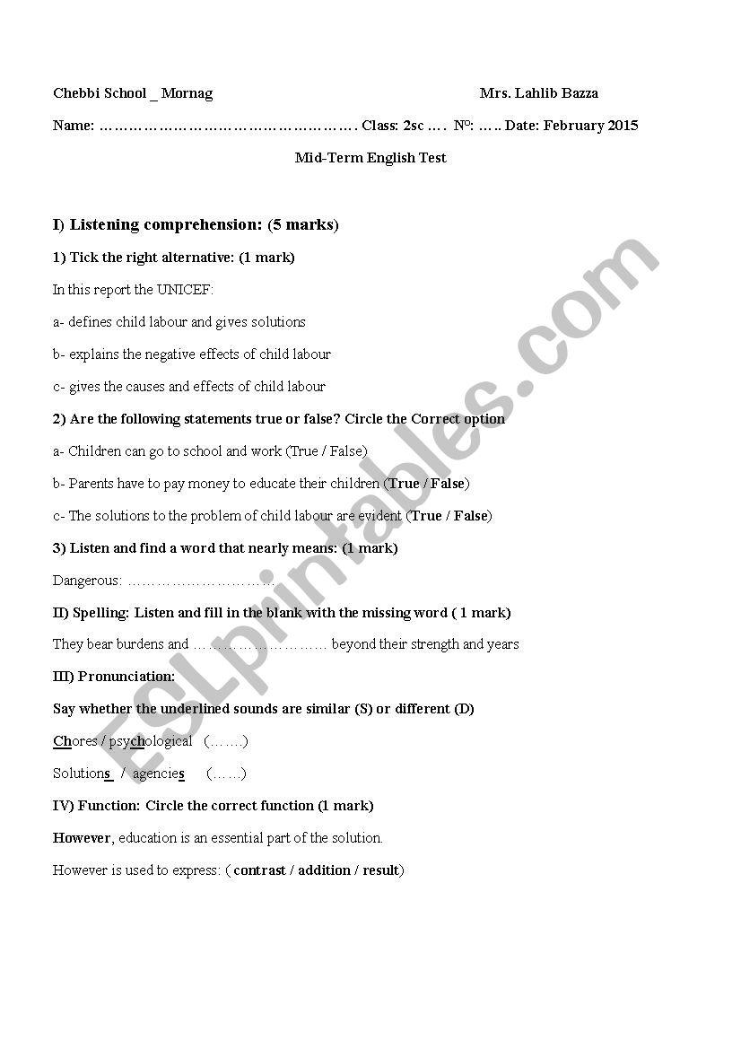 2ND FORM MID TERM EXAM  worksheet