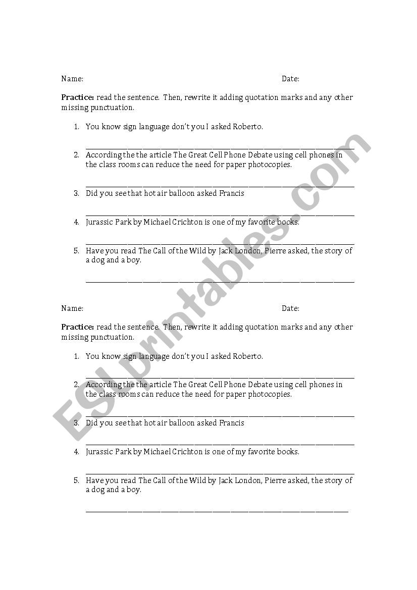 quotation marks punctuation worksheet