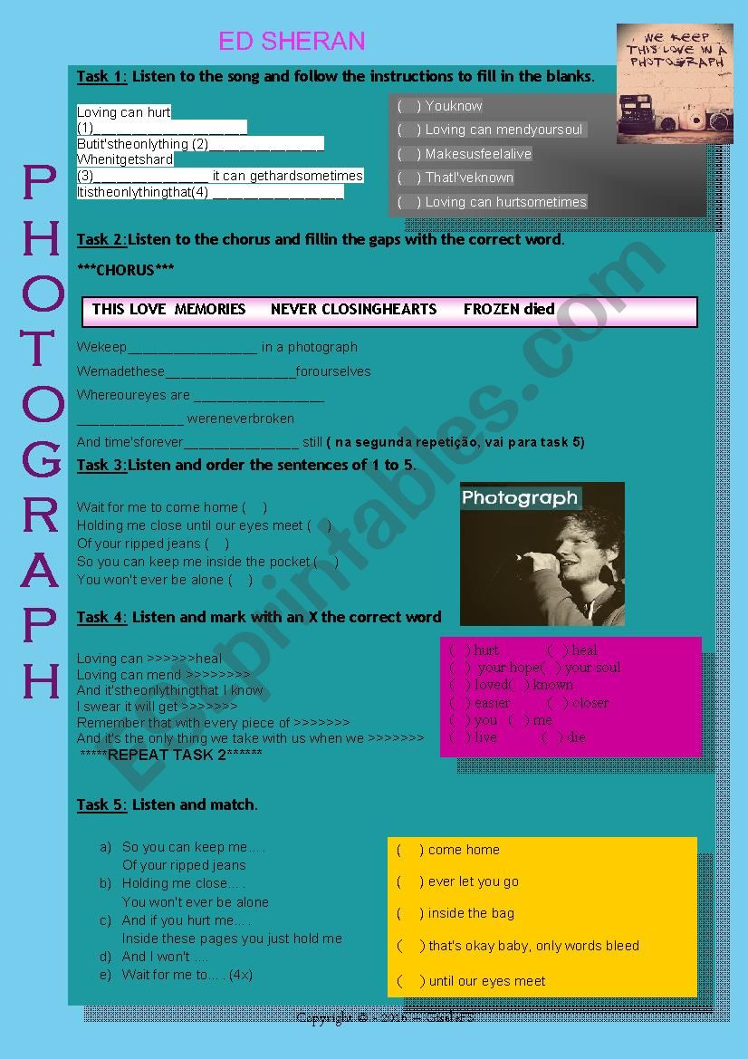 Song Photograph Ed Sheeran worksheet