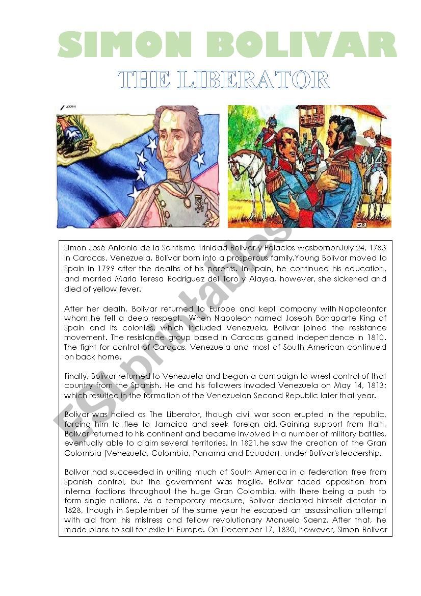 Simon Bolivar worksheet