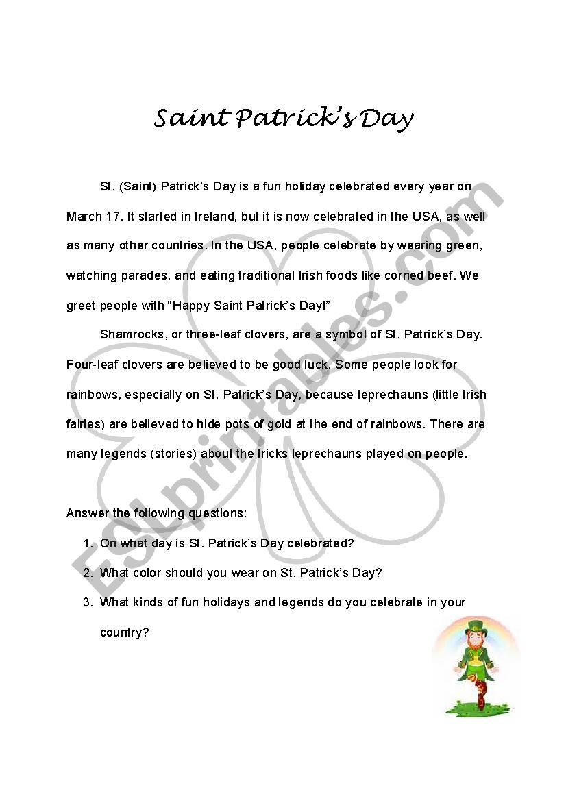 Saint Patricks Day Handout worksheet
