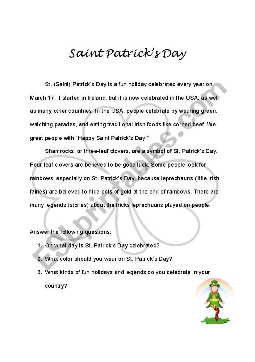 Saint Patricks Day Handout worksheet