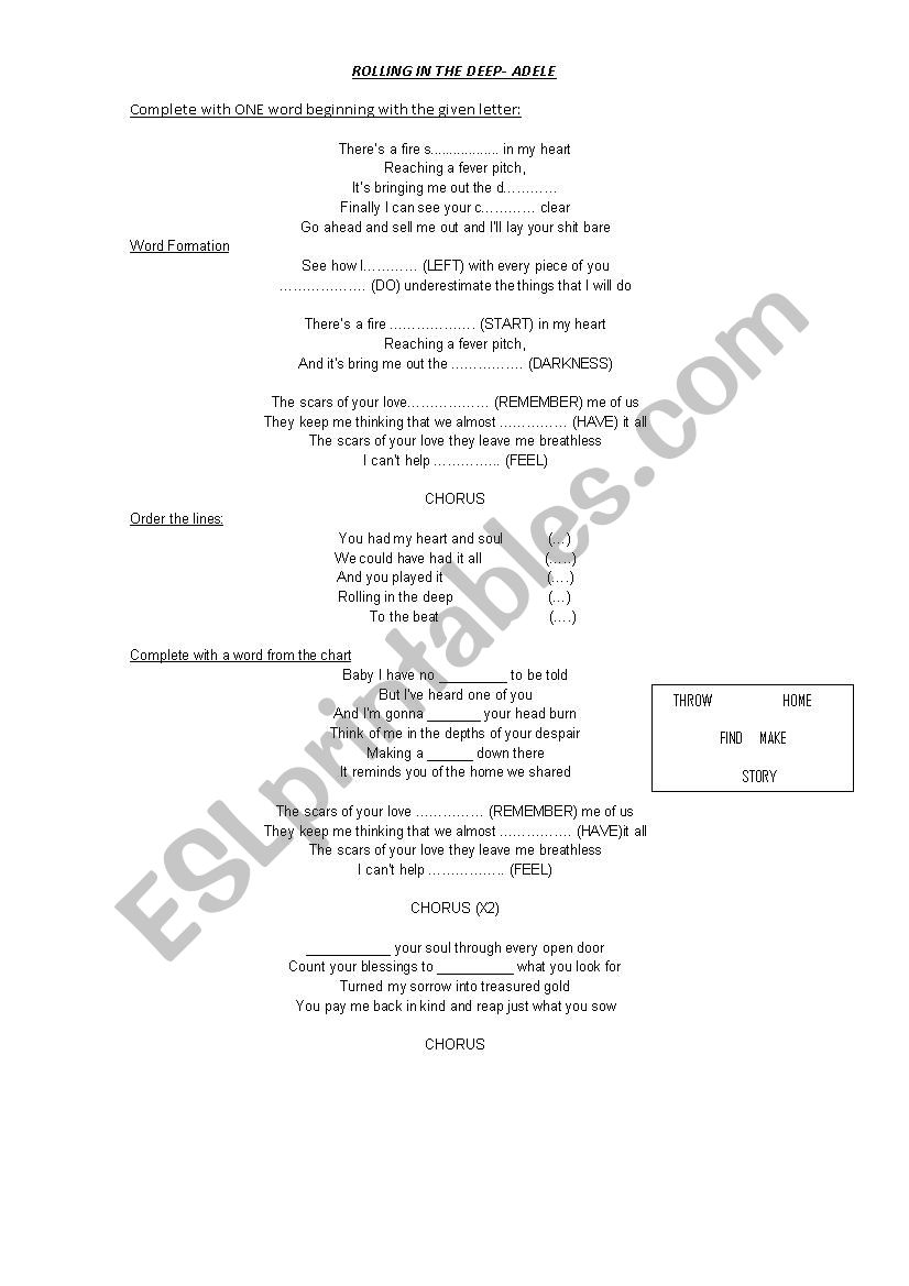 Rolling in the deep worksheet