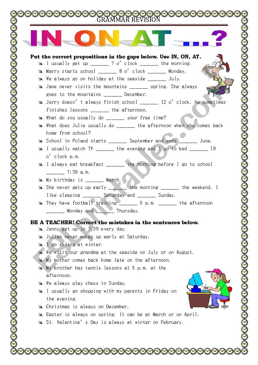 GRAMMAR REVISION - prepositions in on at 