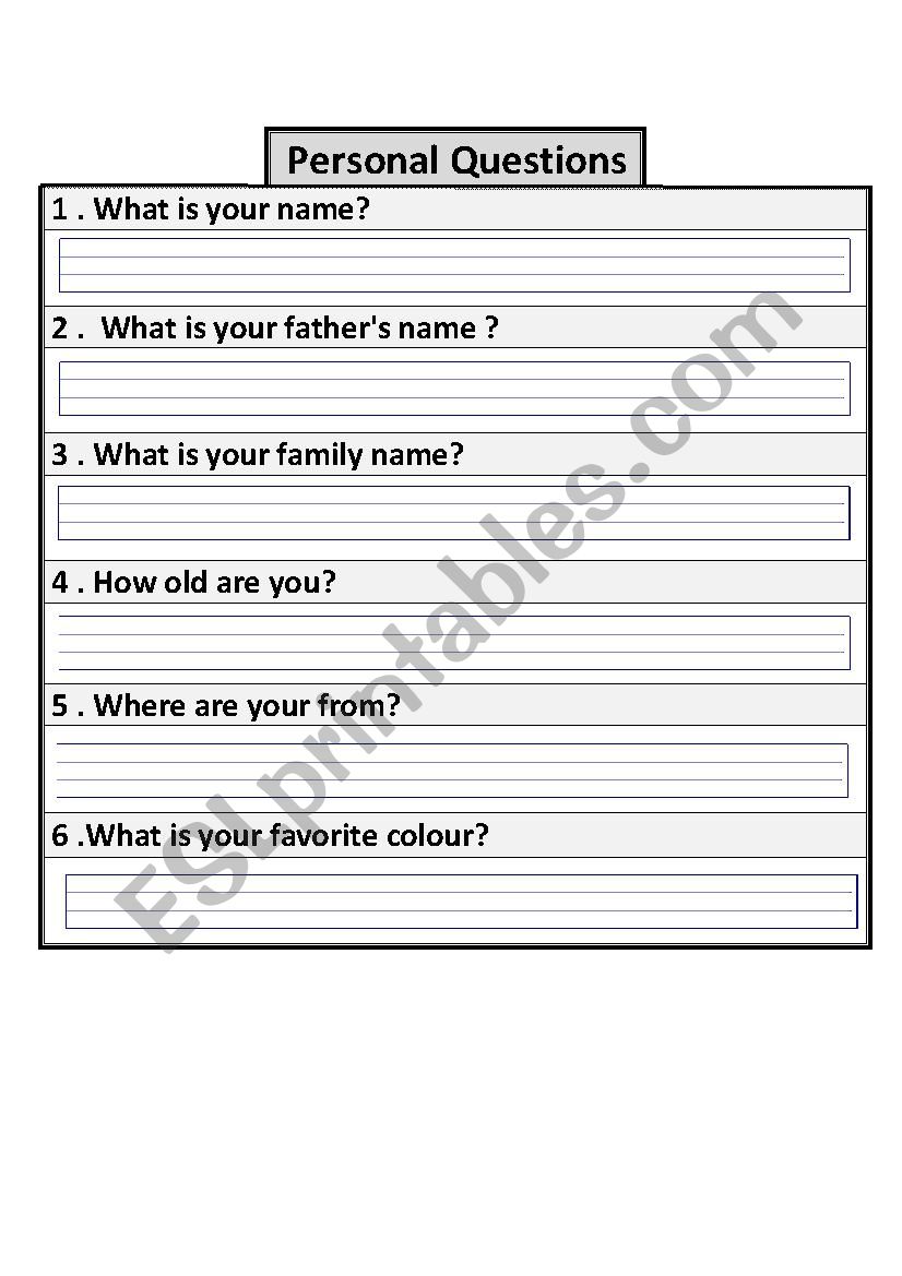 Peronal Question worksheet