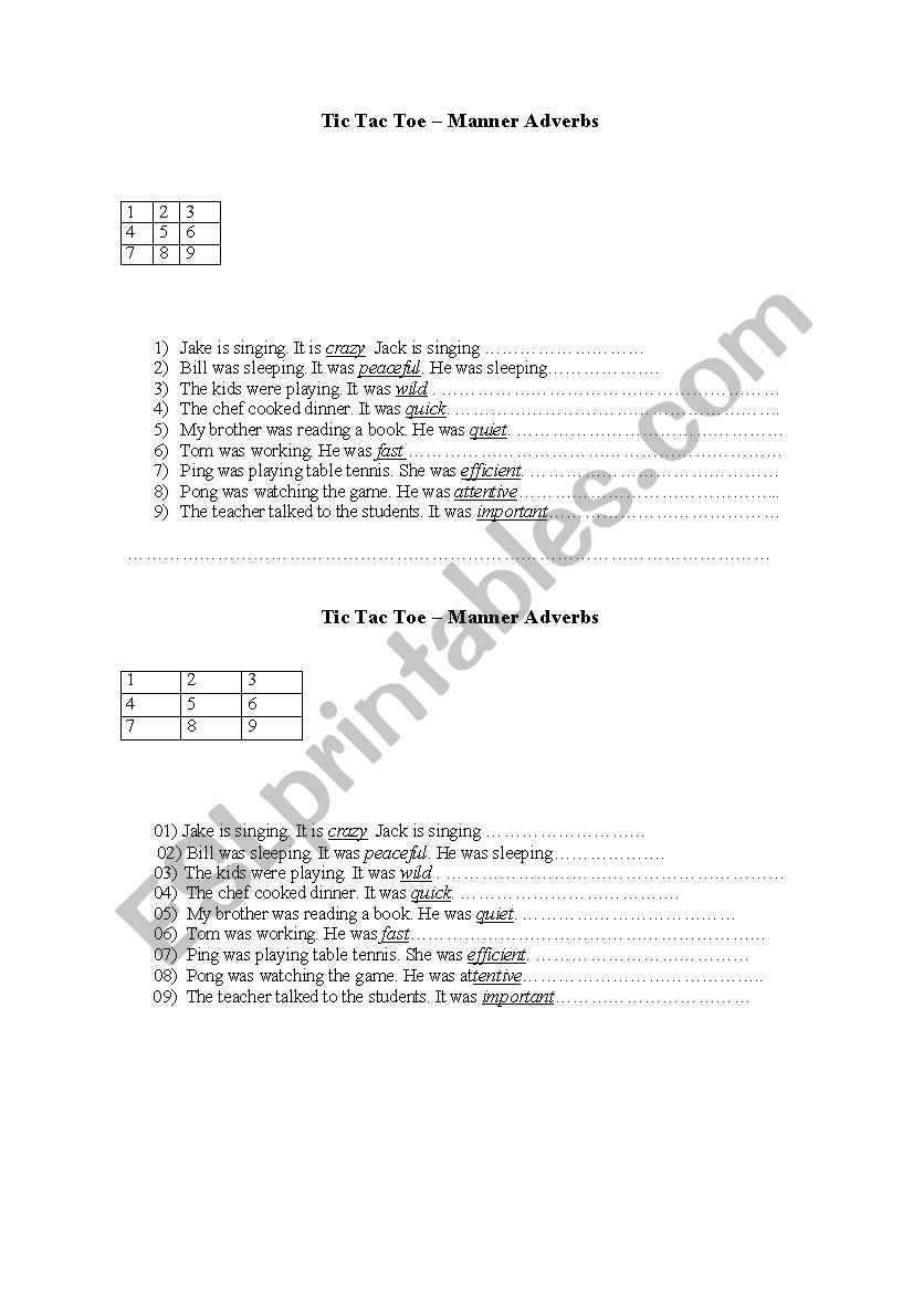 Manner Adverbs Tic Tac Toe worksheet