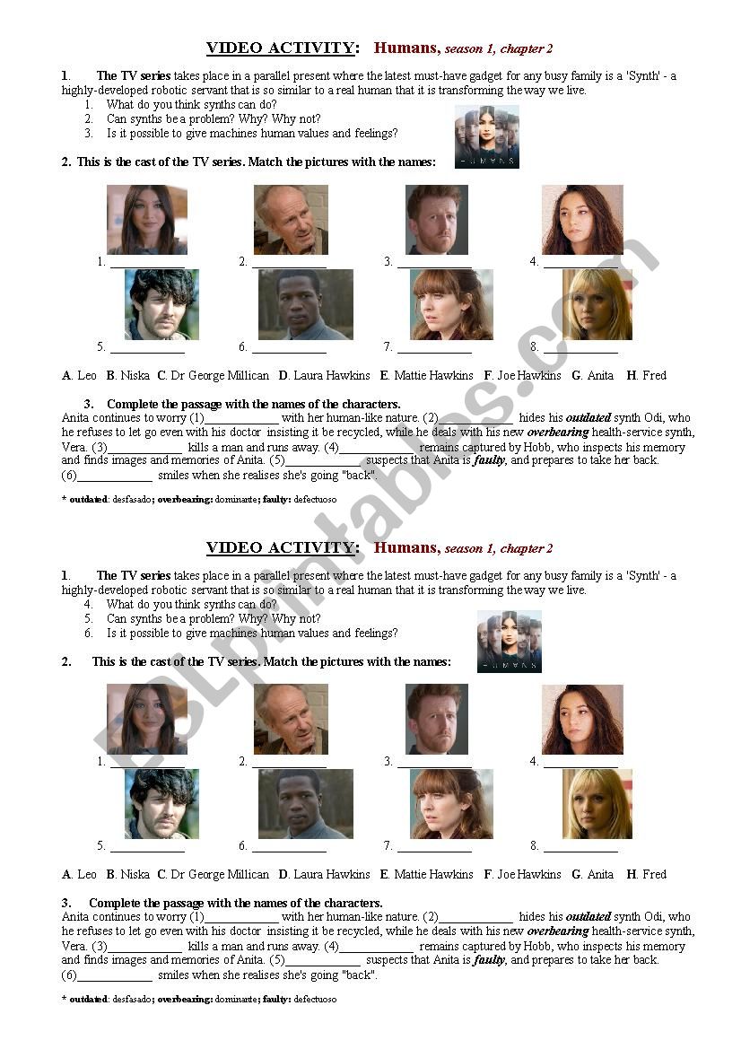 HUMANS tv series chapter 2 worksheet