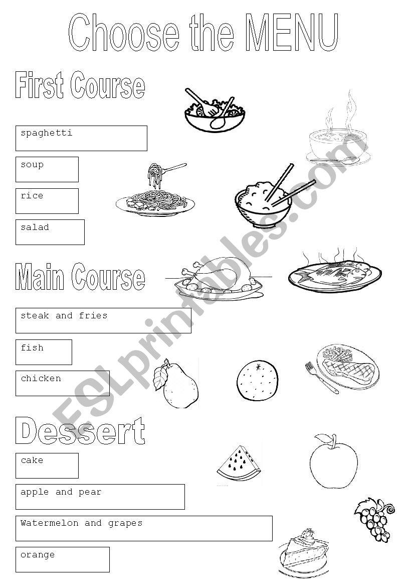 Choose your menu worksheet