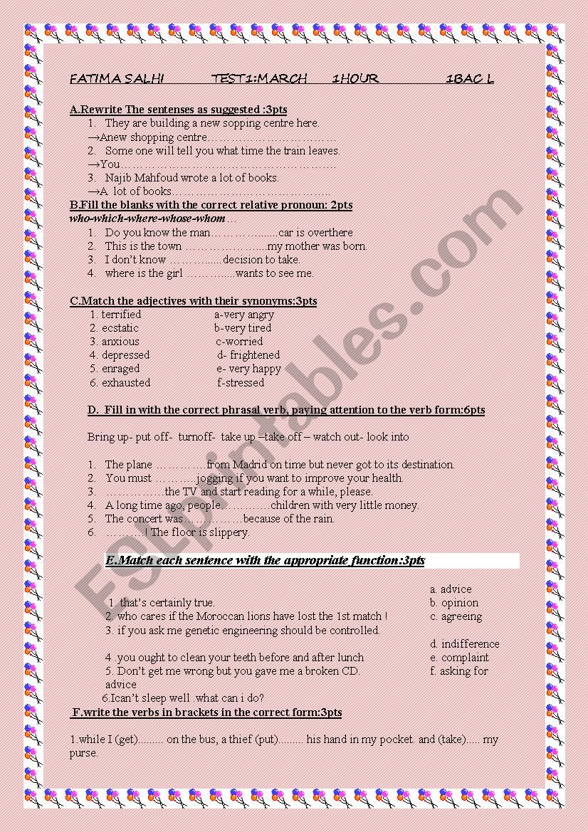 Review test worksheet