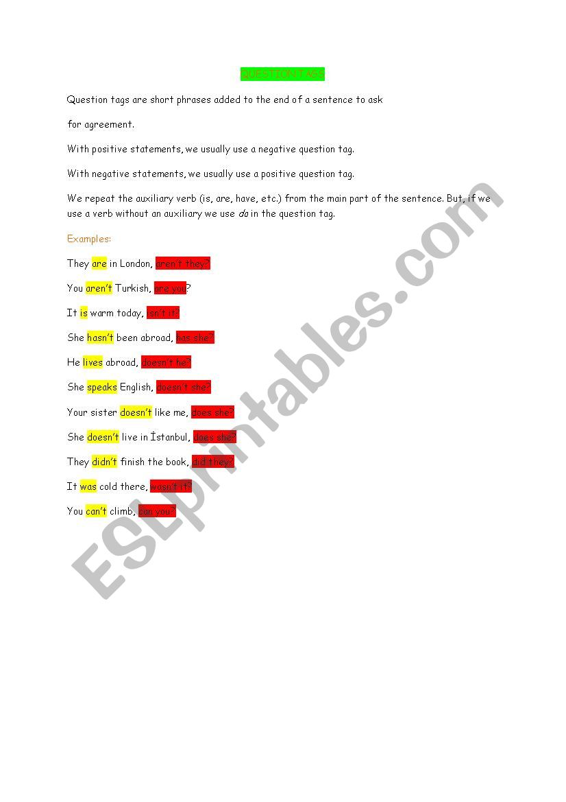 Question Tags worksheet