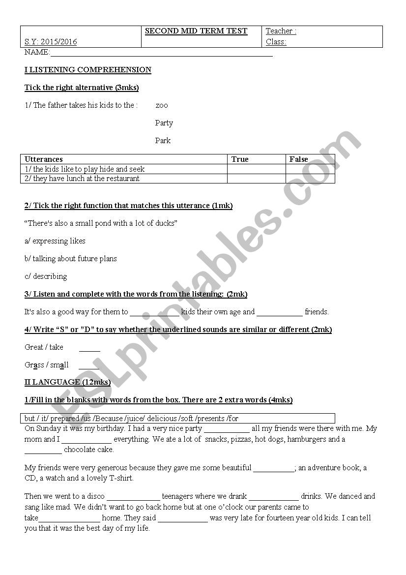 8TH 2ND MID TERM TEST worksheet