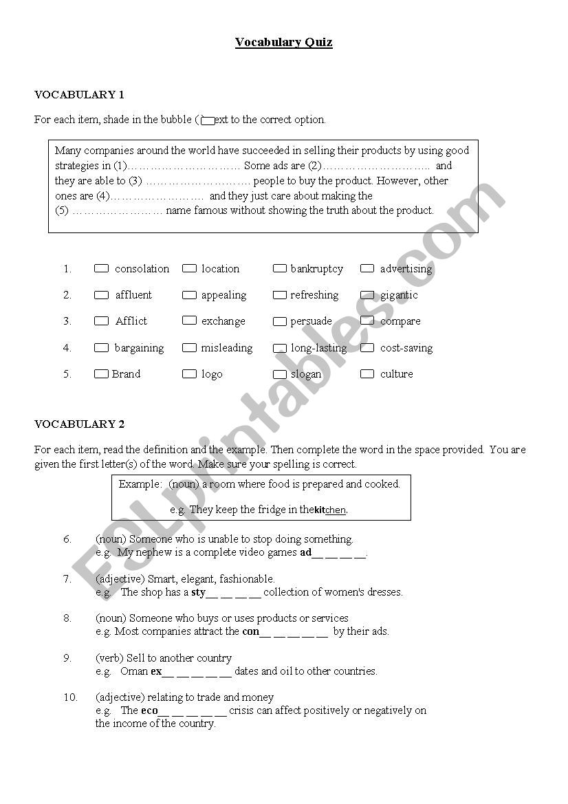 Vocabulary Quiz worksheet