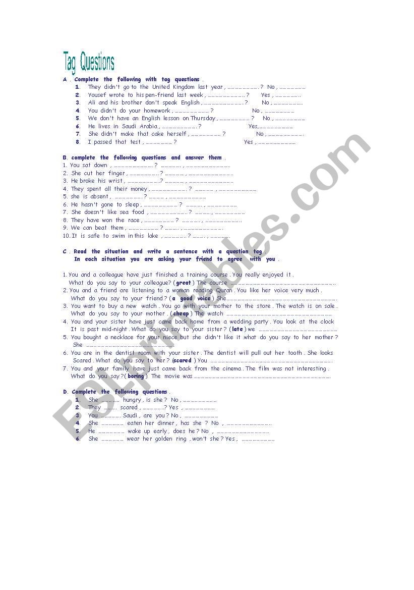 tag  quesion worksheet