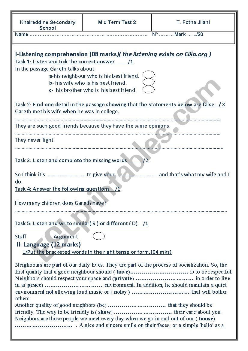 Mid Term Test 2 worksheet