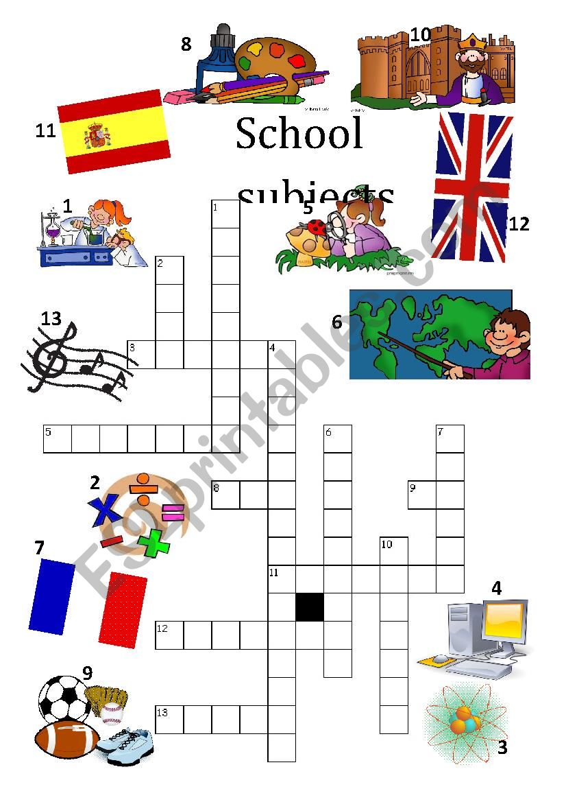 School subjects crosswords worksheet