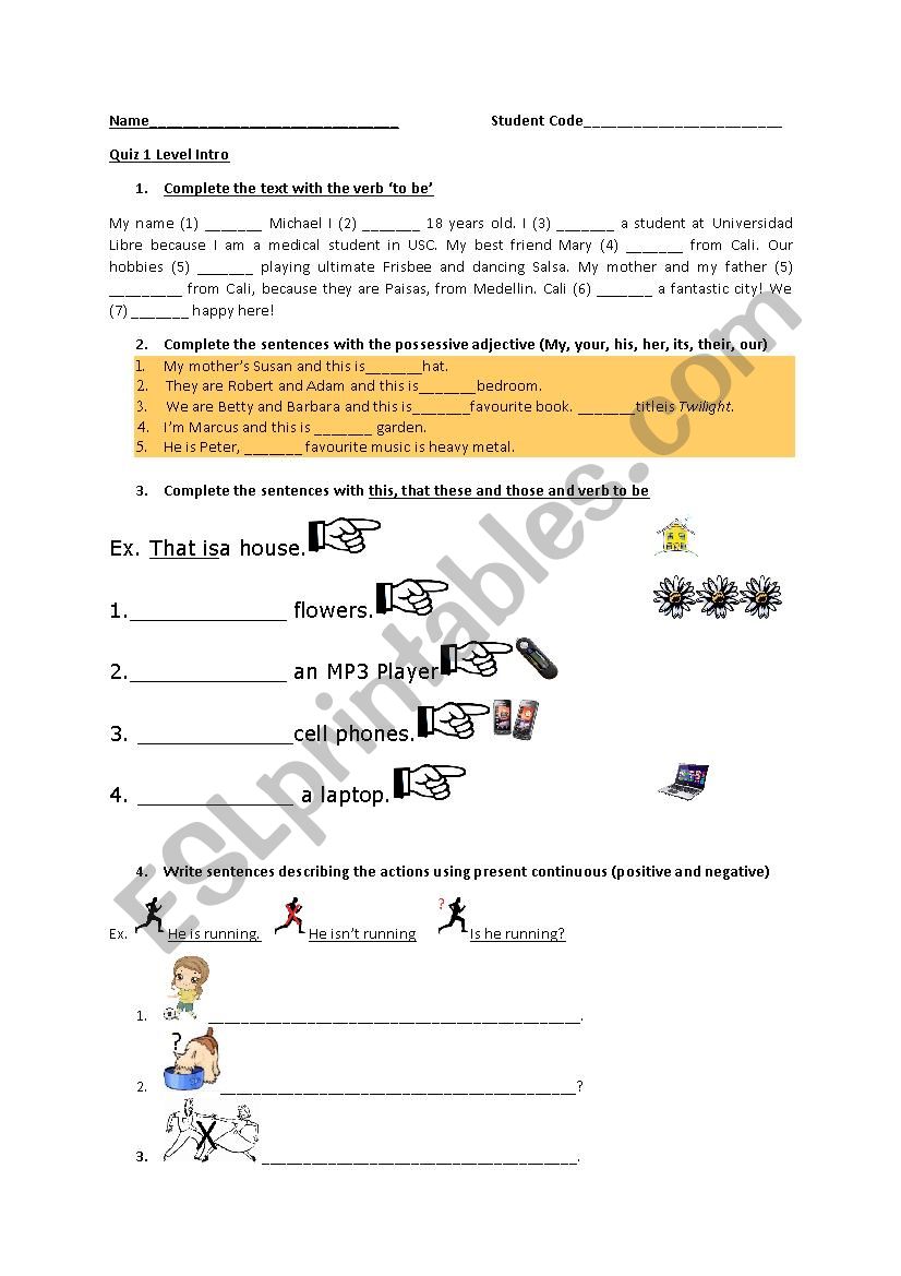 Elementary test, Verb to be, Demonstratives and Possessive adjectives