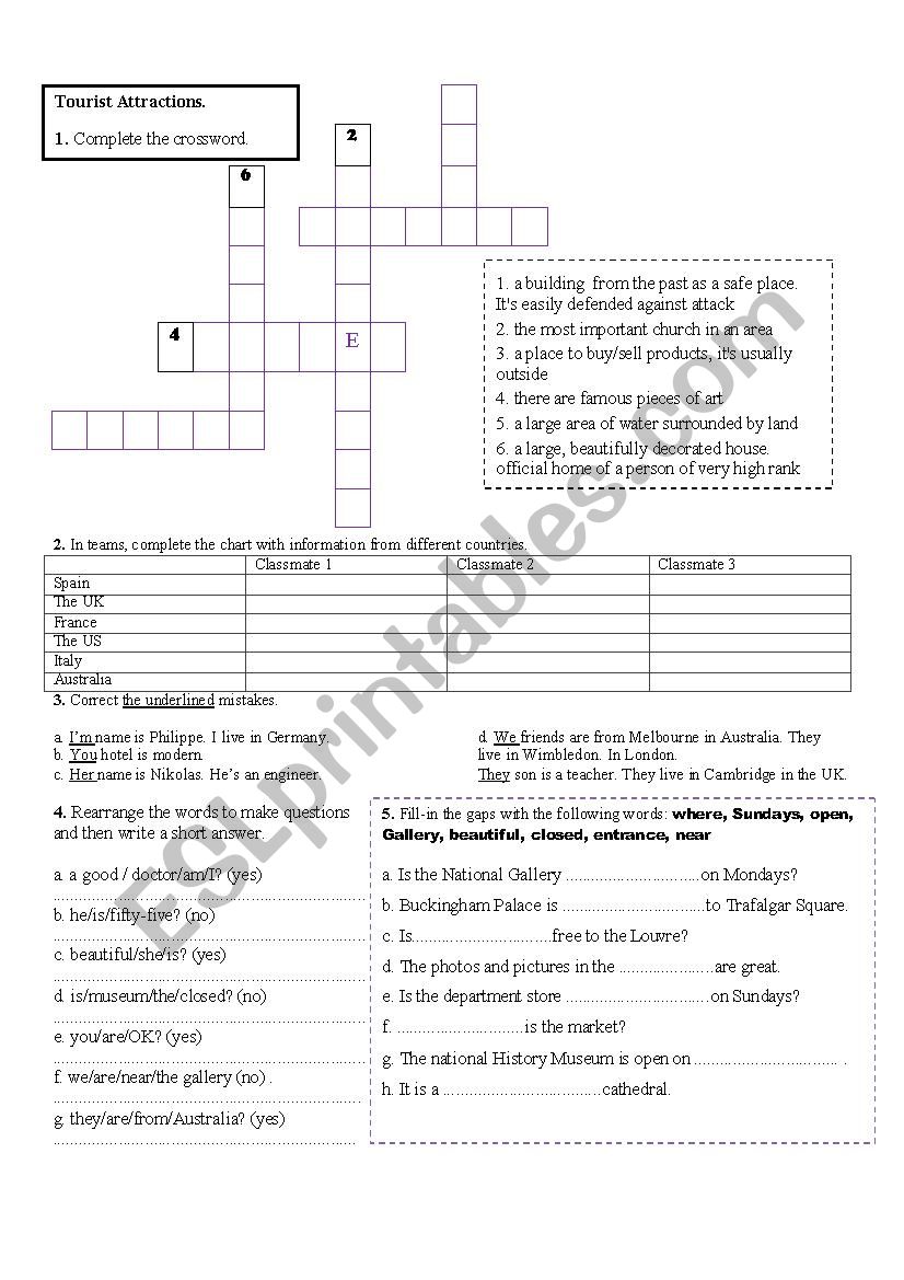 Tourist attractions worksheet