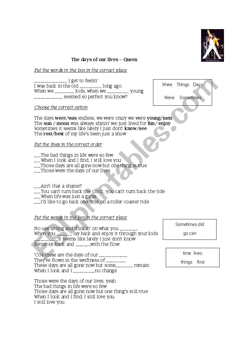 The days of our lives. Queen worksheet