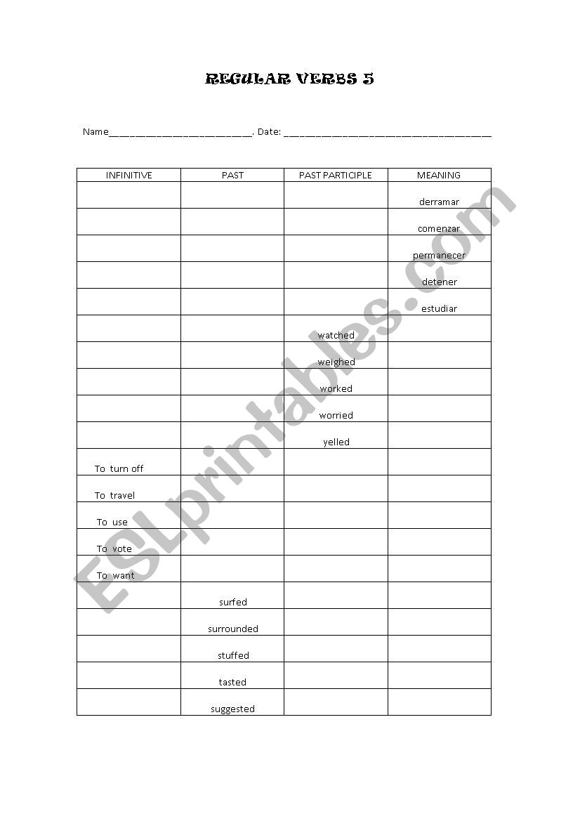 Regular verbs test from S to Y