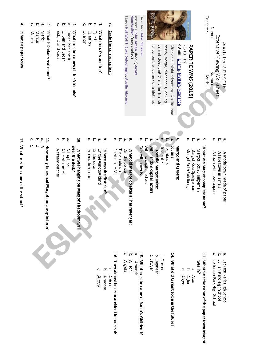 Paper Tows ( The Movie) worksheet