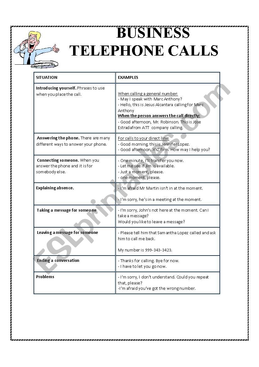 business phone calls worksheet