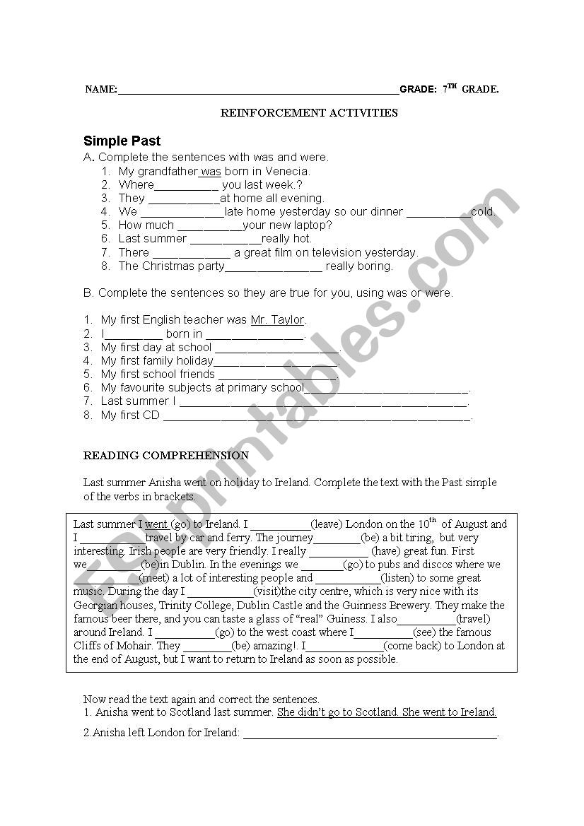 REINFORCEMENT ACTIVITIES worksheet