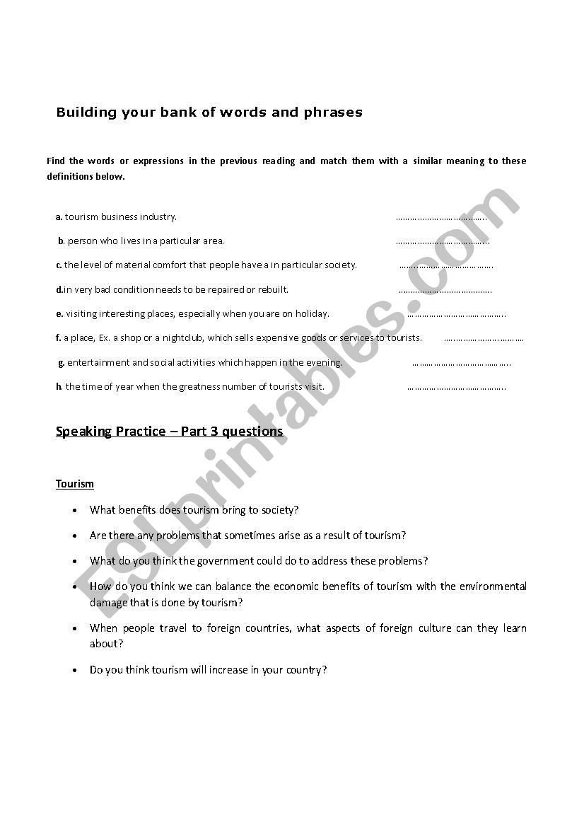 IELTS part 3 speaking Tourism worksheet