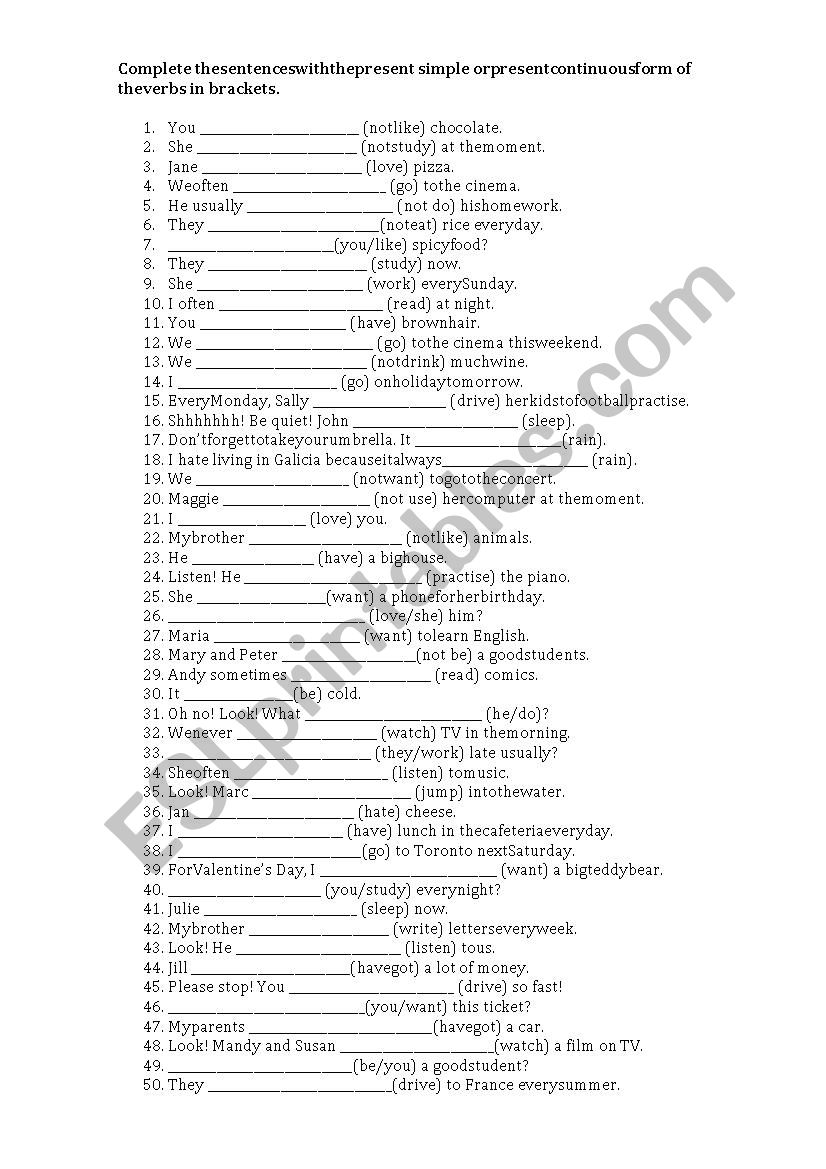 present simple and continuous worksheet