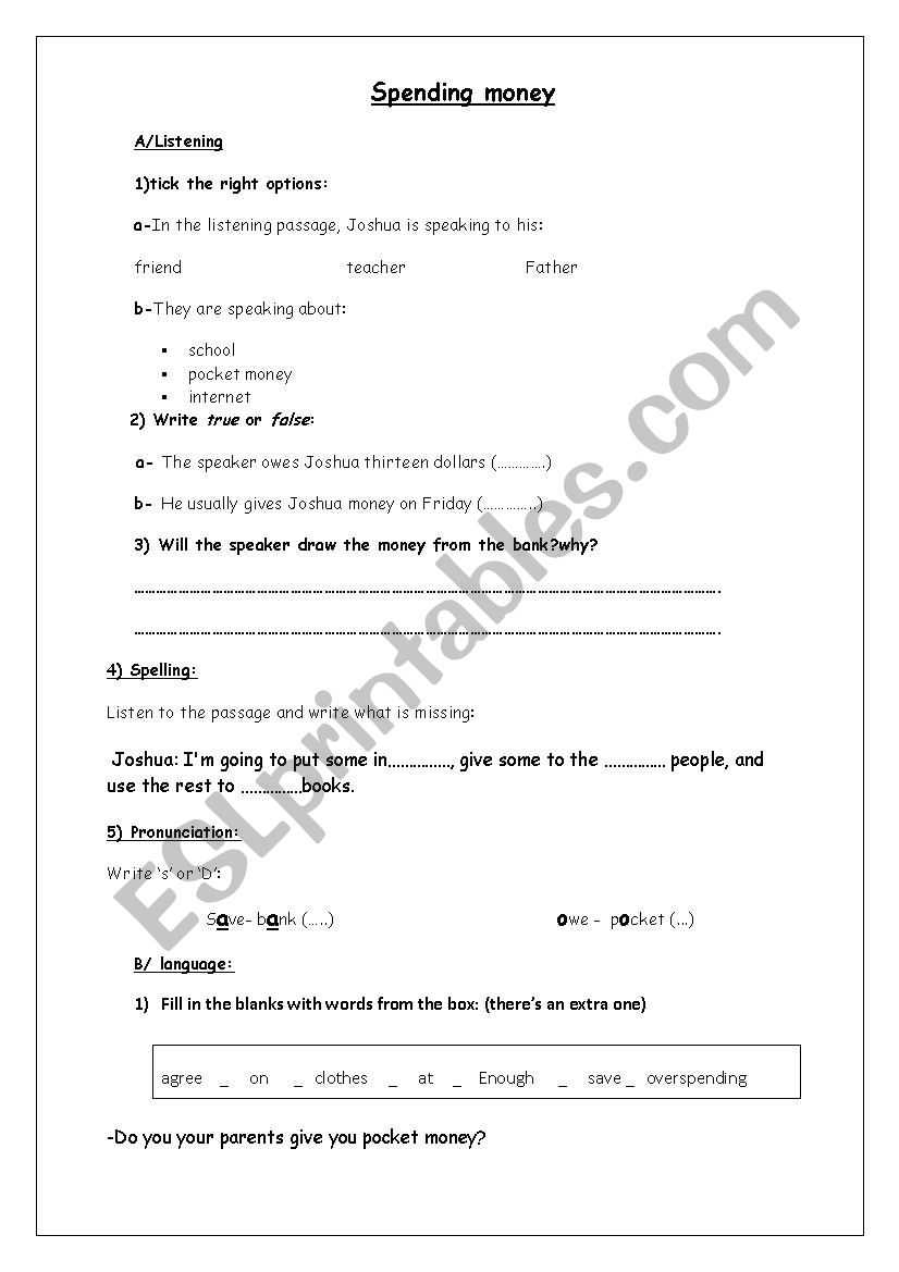 spending money worksheet