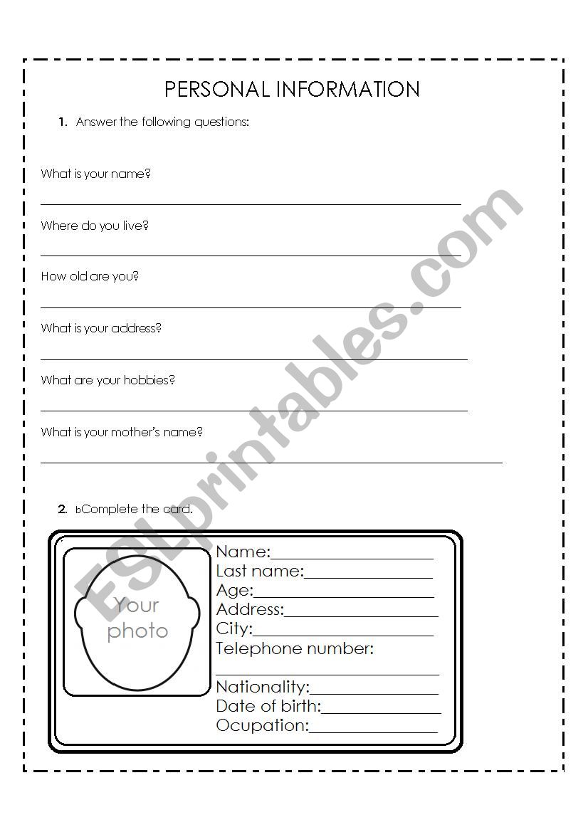 Personal information worksheet