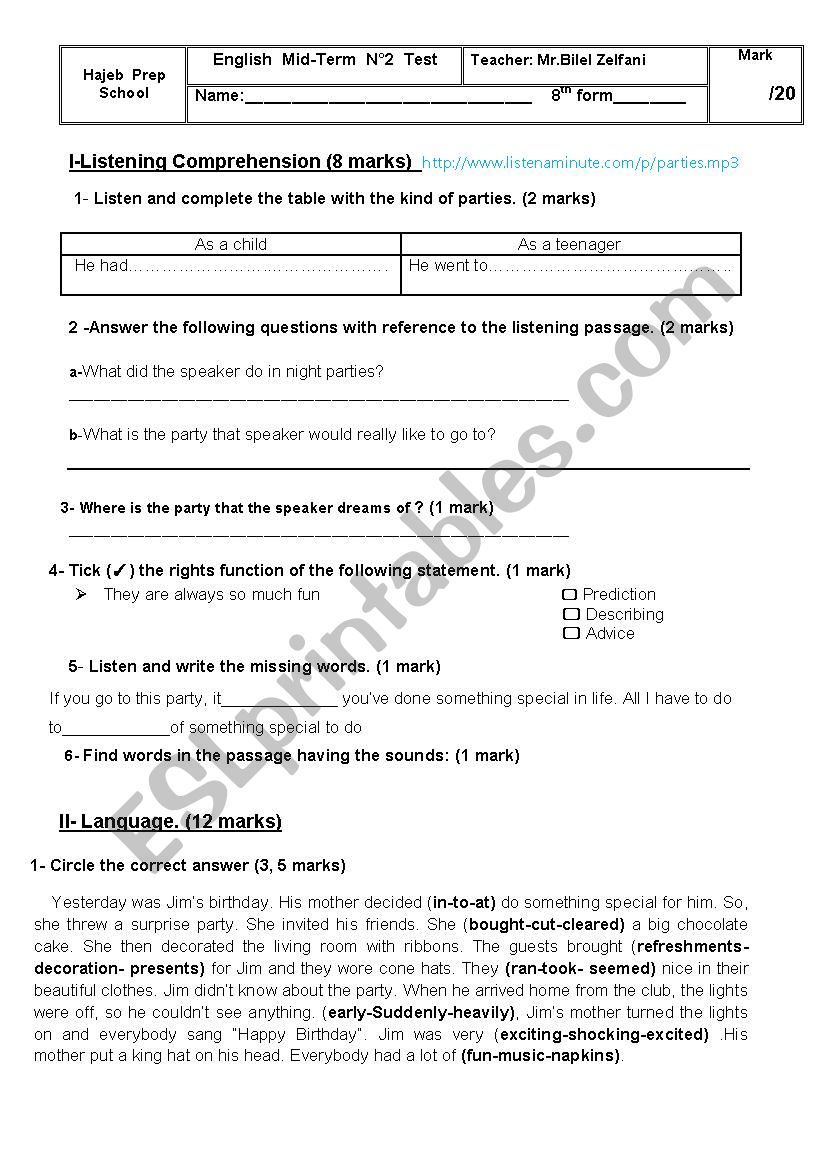 mid term 2 English test for the eighth formers