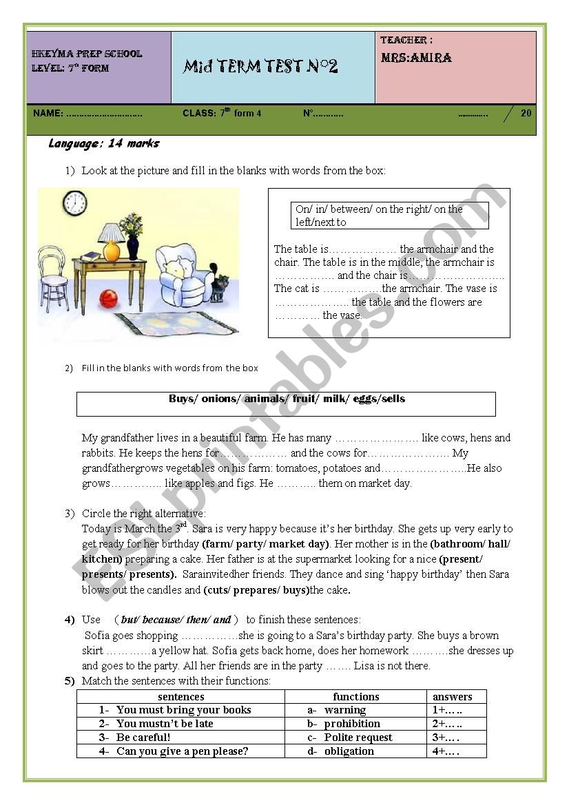 mid term 2 test 7th forms worksheet