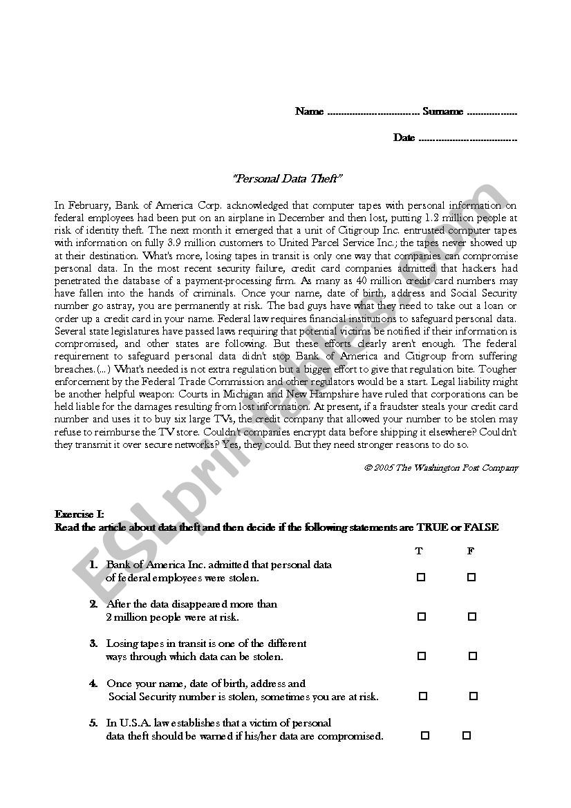 Reading about data theft worksheet