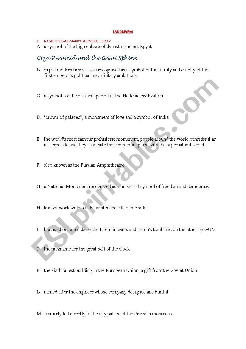 LANDMARKS worksheet