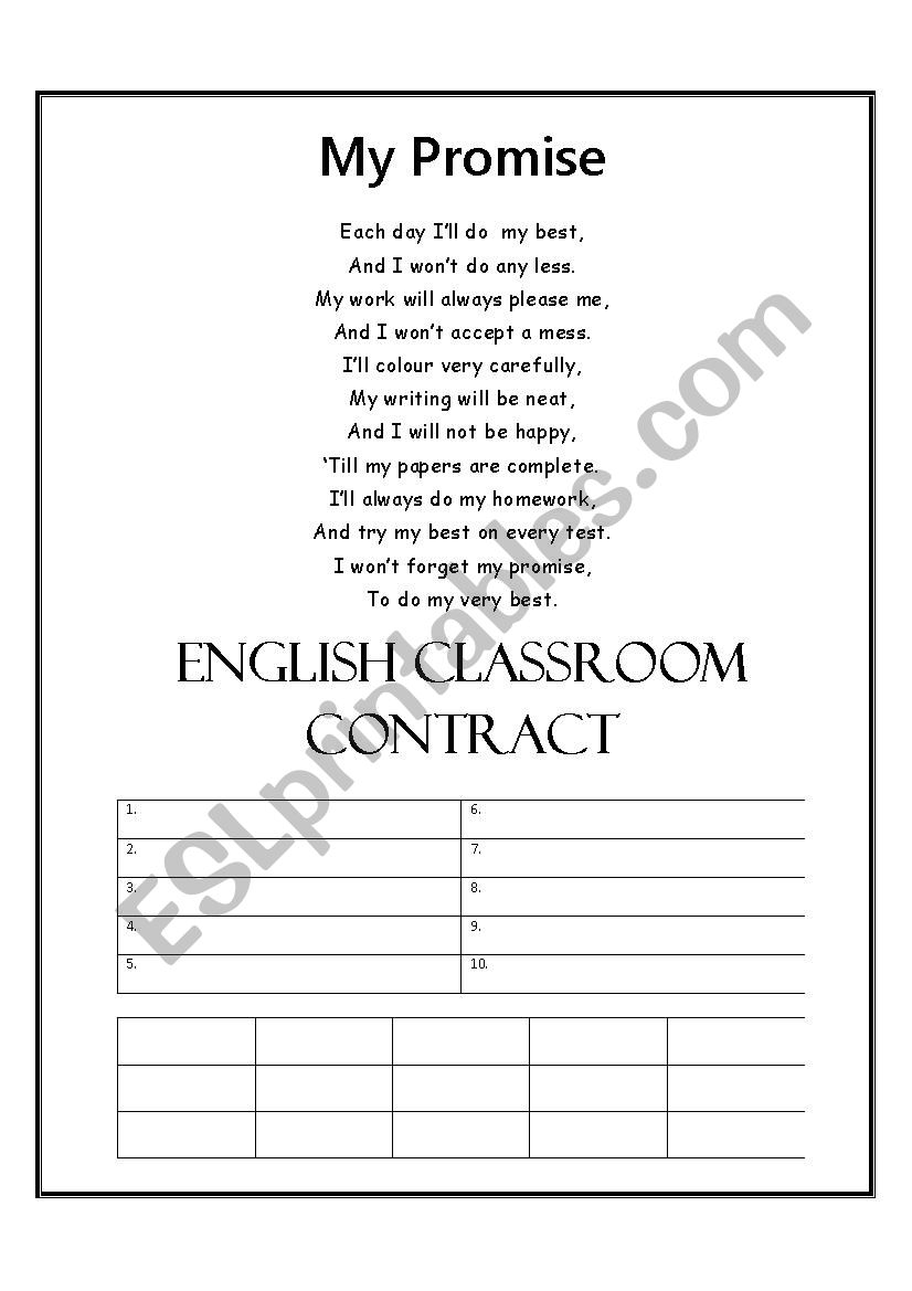 Classroom contract worksheet