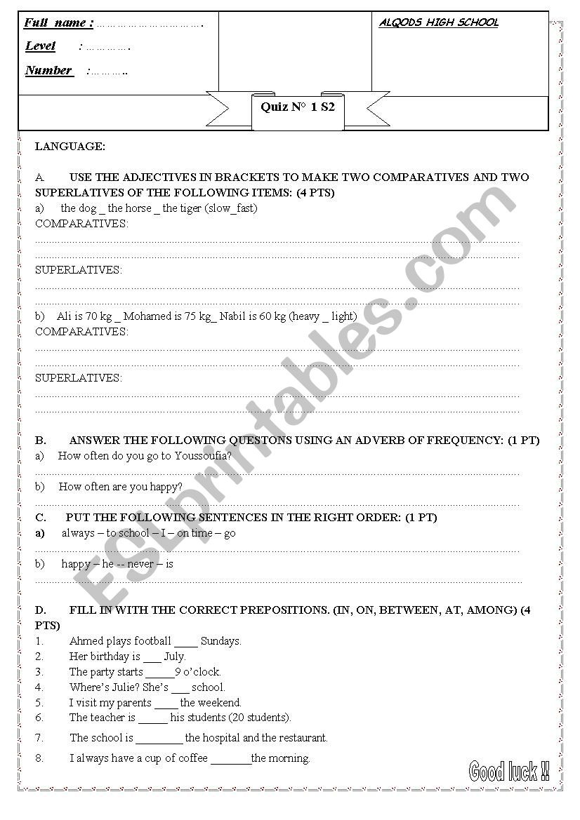 Common Core Quiz S2 worksheet