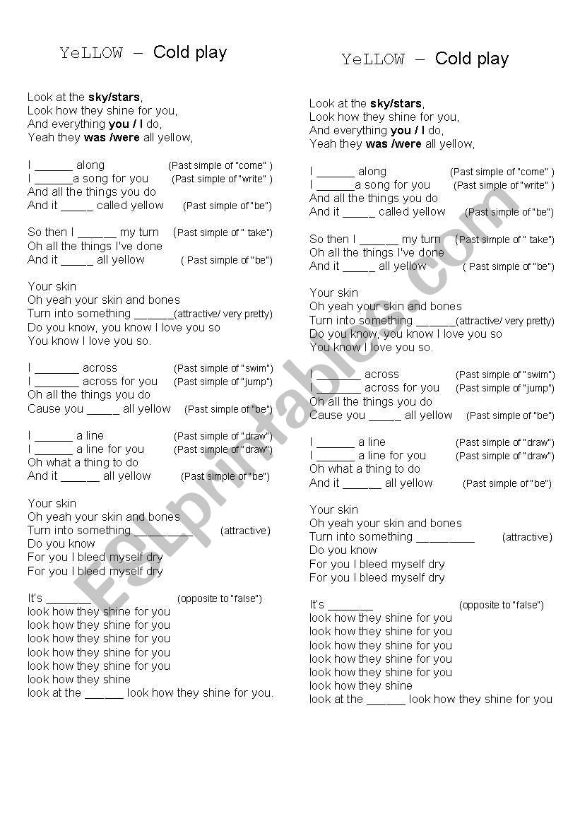 Yellow by Cold play worksheet