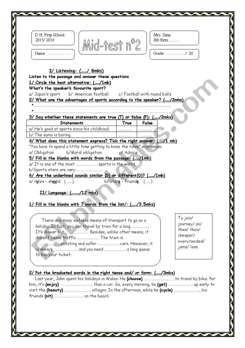 Mid term test n2 (8th form) worksheet