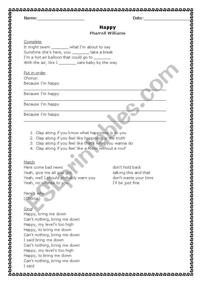 Happy by Pharrell Williams worksheet